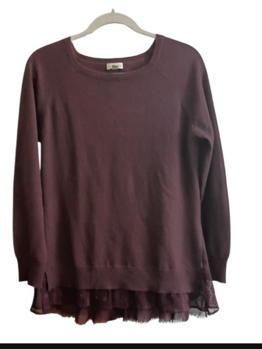 Cashmere 100% Plum  Lace Ruffle Hem Sweater sz M